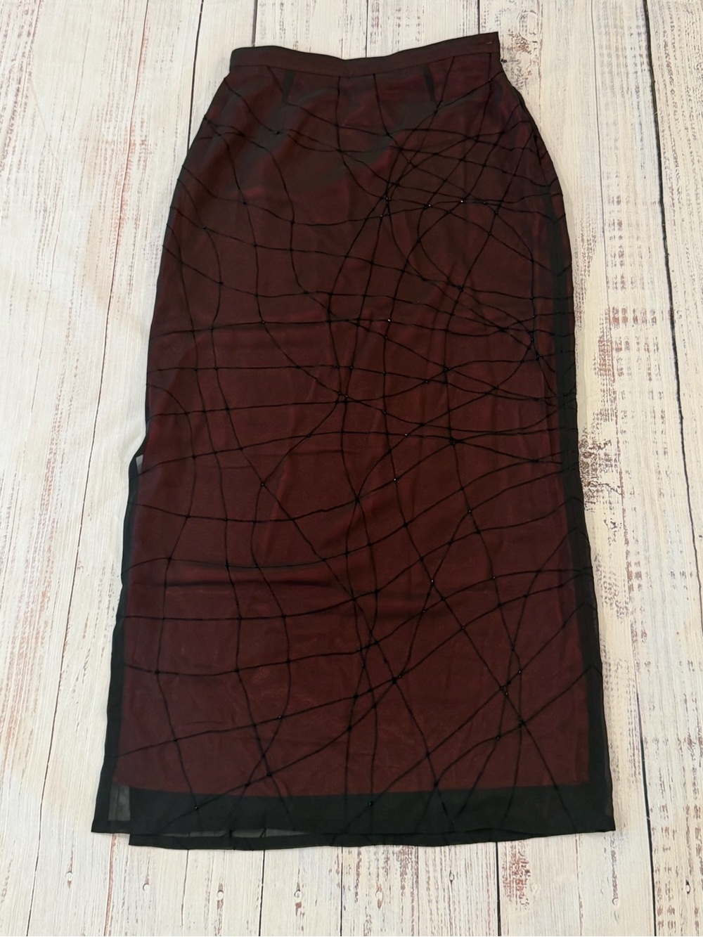 Vtg 90s Whimsigoth Beaded Mesh Overlay Maxi Skirt Red Satin Vampy Goth Y2K 8